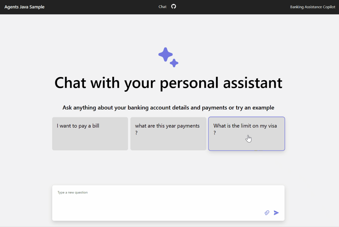 Screenshot of Java personal banking assistant chat app in browser showing several suggestions for chat input and the chat text box to enter a question.