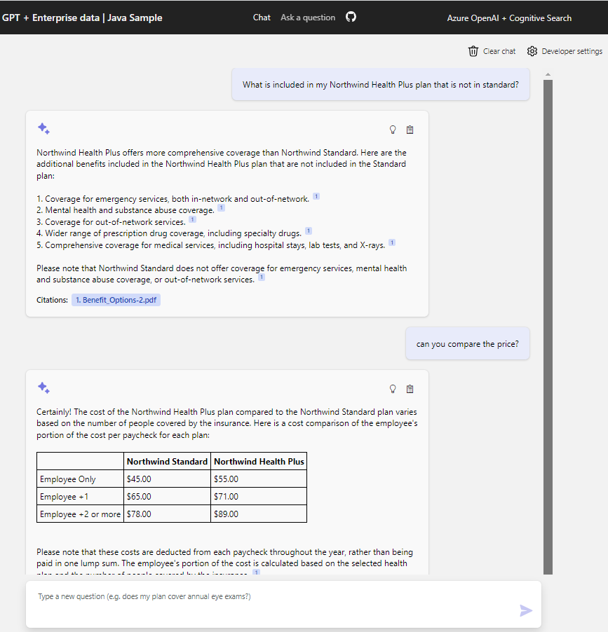 Screenshot of Java chat app in browser showing several suggestions for chat input and the chat text box to enter a question.