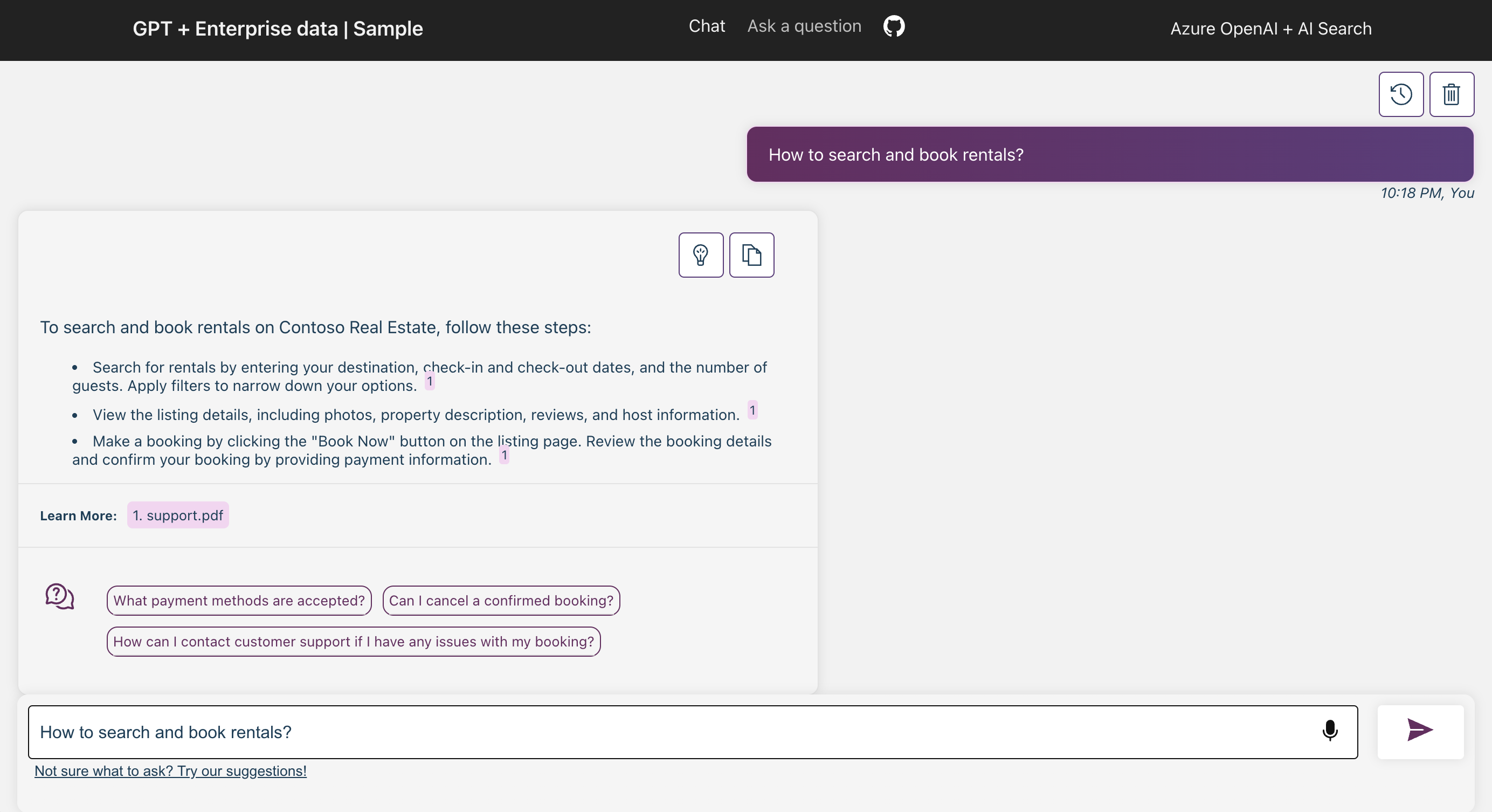 Screenshot of chat app in browser showing several suggestions for chat input and the chat text box to enter a question.
