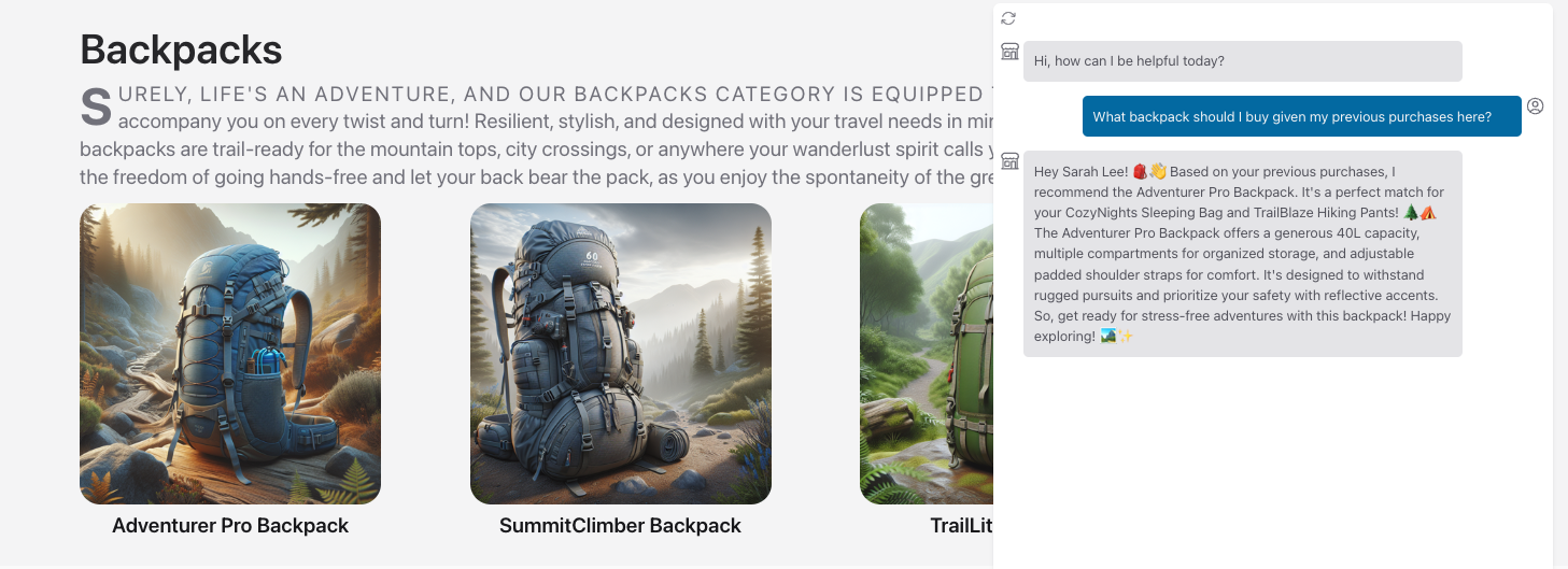 Screenshot of .NET hiking and camping enthusiast store.