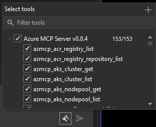 Screenshot of chat pane with the select tools button clicked in Visual Studio 2022.