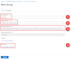 A screenshot showing how to create a new Microsoft Entra group for the application.