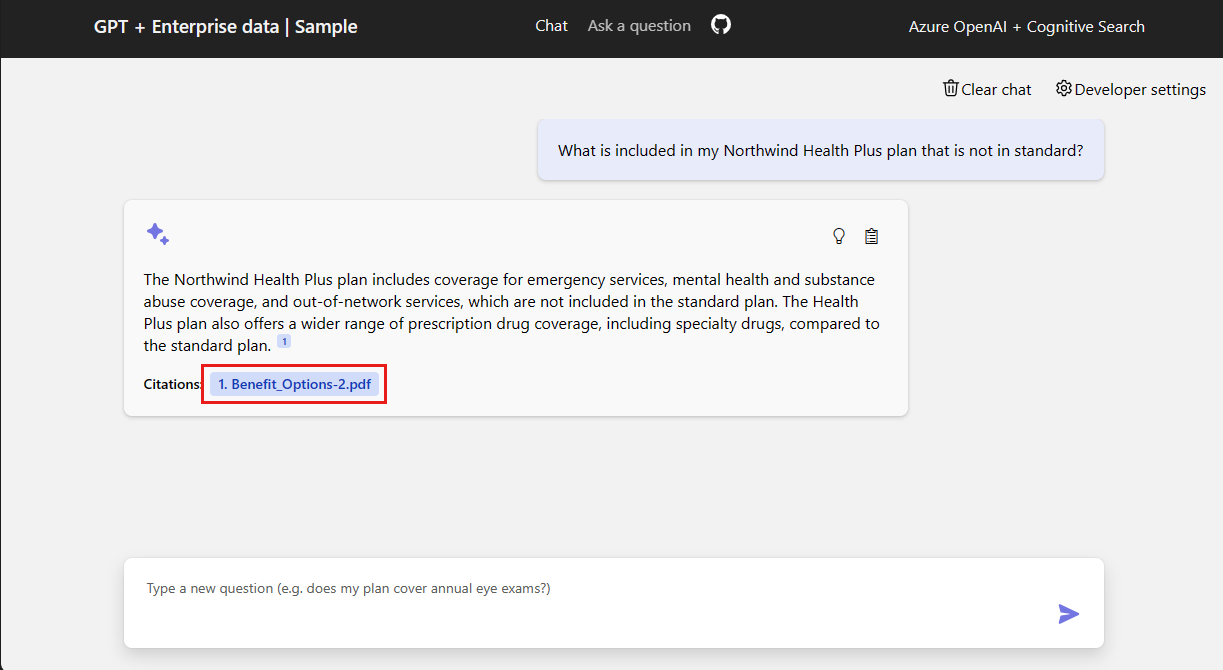 Screenshot of chat app's first answer with its citation highlighted in a red box.