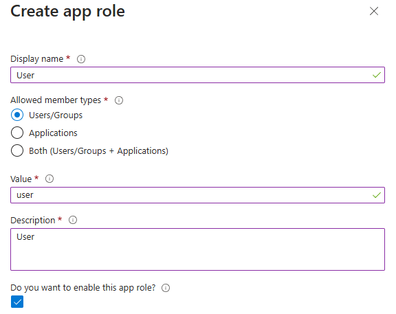 Screenshot of the Azure portal that shows the Create app role pane for the regular user.