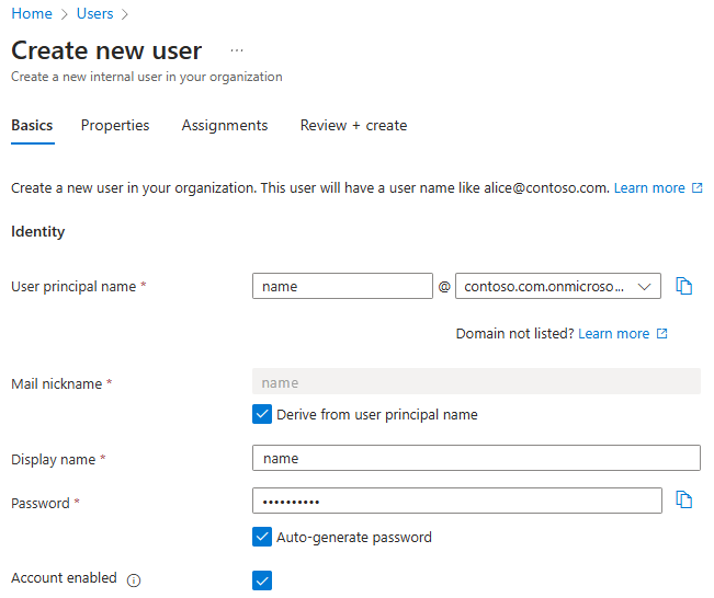 Screenshot of the Azure portal that shows the Create new user Basics pane for an admin user.
