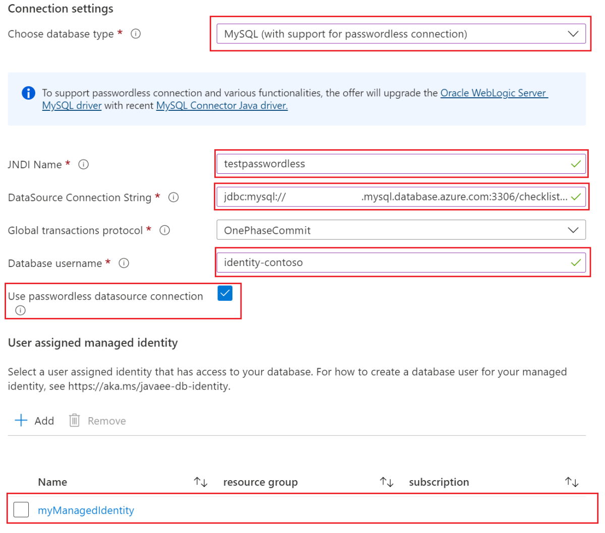 Screenshot of the Azure portal showing the Configure database pane of the Create Oracle WebLogic Server on VMs page.