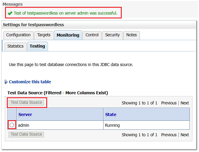 Screenshot of the WebLogic Console portal showing a successful test of the datasource.