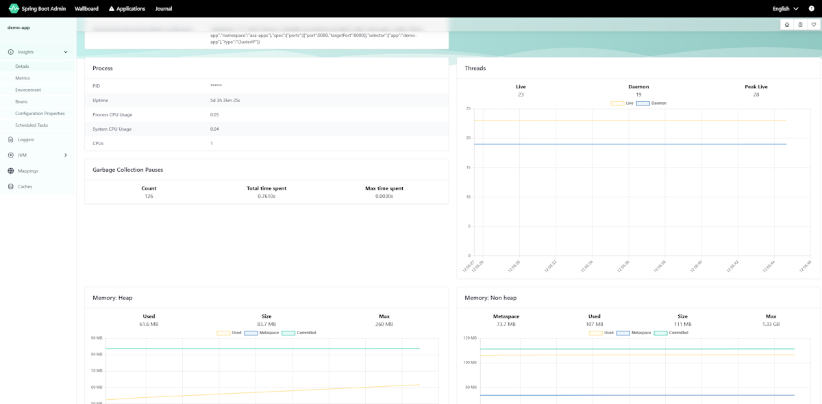 Screenshot of the Spring Boot Admin dashboard page that shows application metrics.
