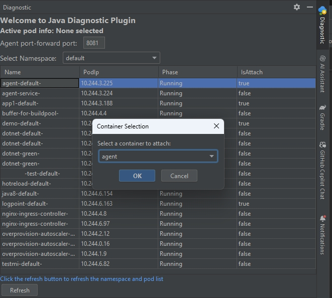 Screenshot of IntelliJ IDEA that shows the Diagnostic tab with the Container Selection dialog box open.