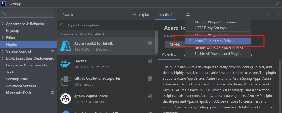 Screenshot of the IntelliJ IDEA Settings page with Azure Toolkit for IntelliJ plugin selected and Install Plugin from Disk menu item highlighted.