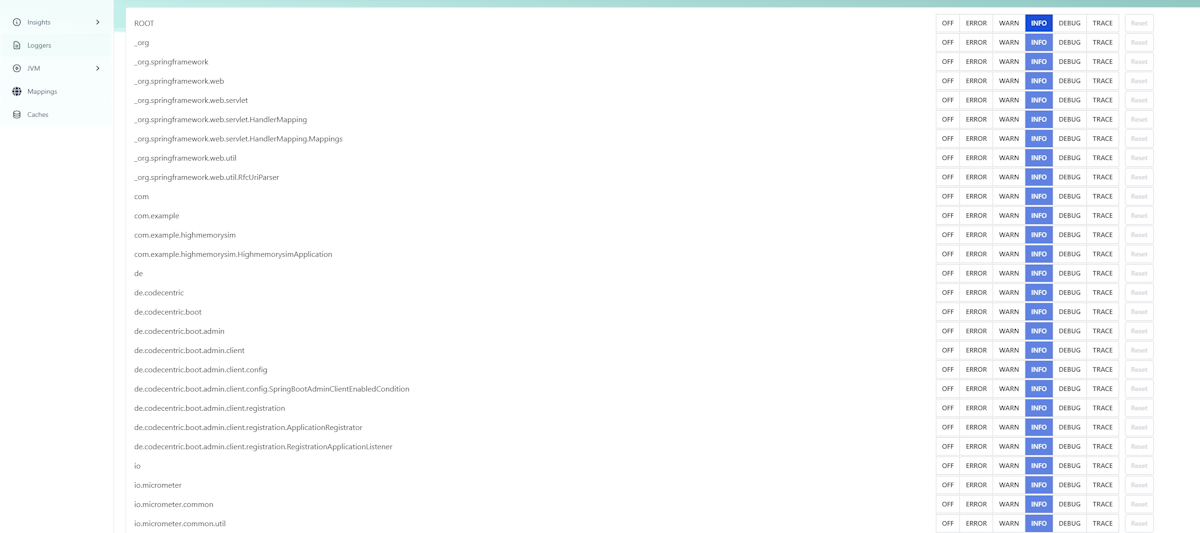 Screenshot of the Spring Boot Admin dashboard page that shows the Loggers section.