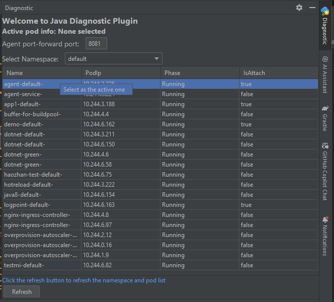 Screenshot of the IntelliJ IDEA Diagnostic tab with a pod selected and the Select as the active one menu item showing.