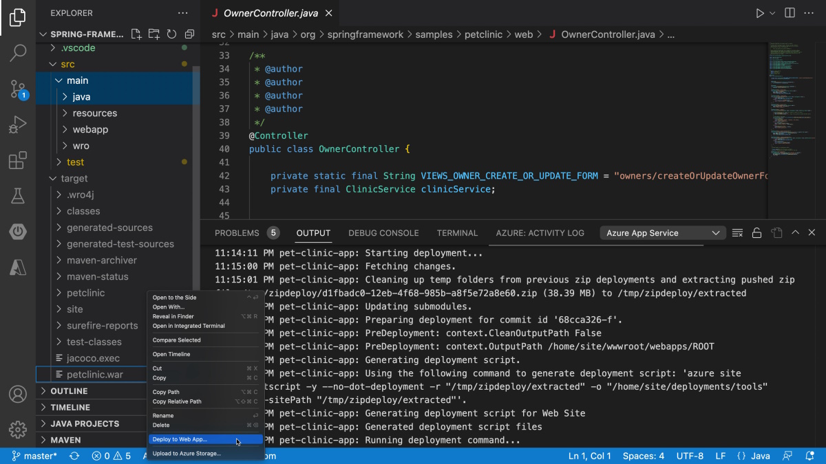 Screenshot of Visual Studio Code that shows a Java file and the Output window.
