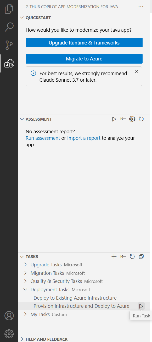 Screenshot of Visual Studio Code that shows the Provision Infrastructure and Deploy to Azure task with the Run Task button highlighted.