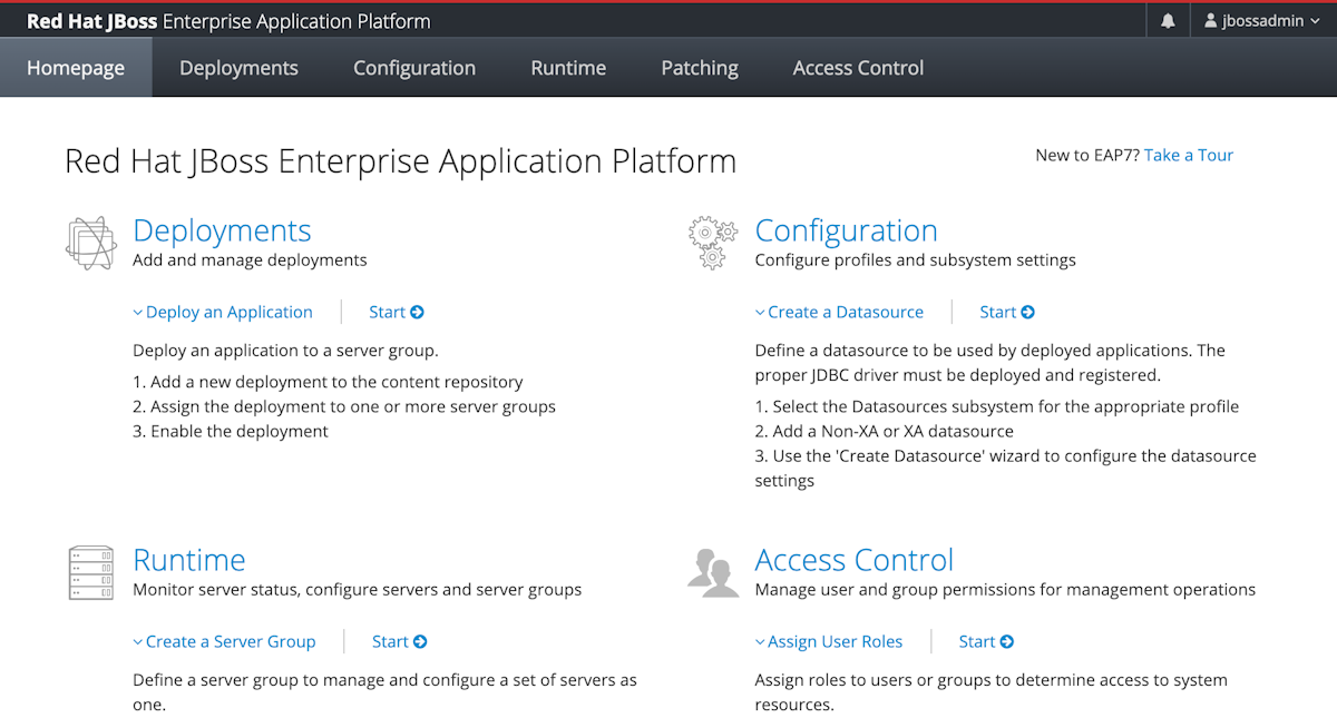 Screenshot of the Red Hat JBoss Enterprise Application Platform domain controller management console.