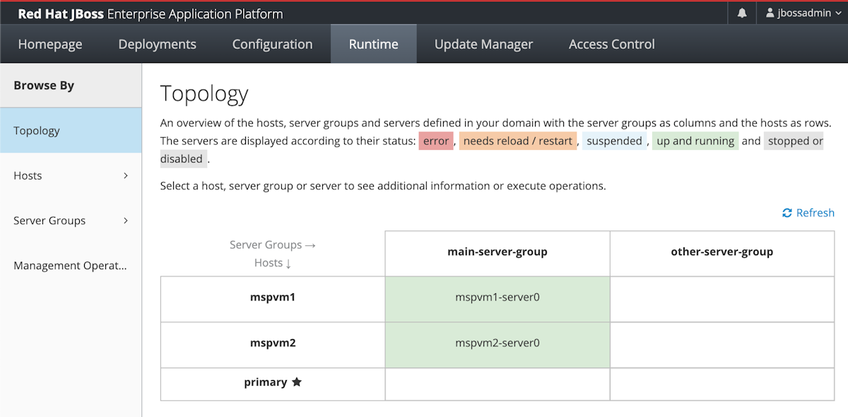 Screenshot of the Red Hat JBoss Enterprise Application Platform that shows the Runtime tab and the Topology pane with all hosts.