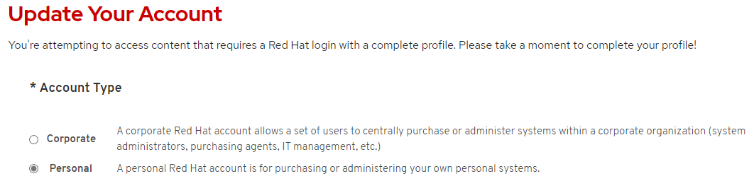 Screenshot of the Red Hat account window that shows the Account Type options with Personal selected.