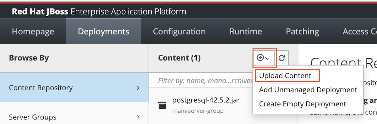 Screenshot of the Red Hat JBoss Enterprise Application Platform Deployments tab with the Upload Content menu option highlighted.