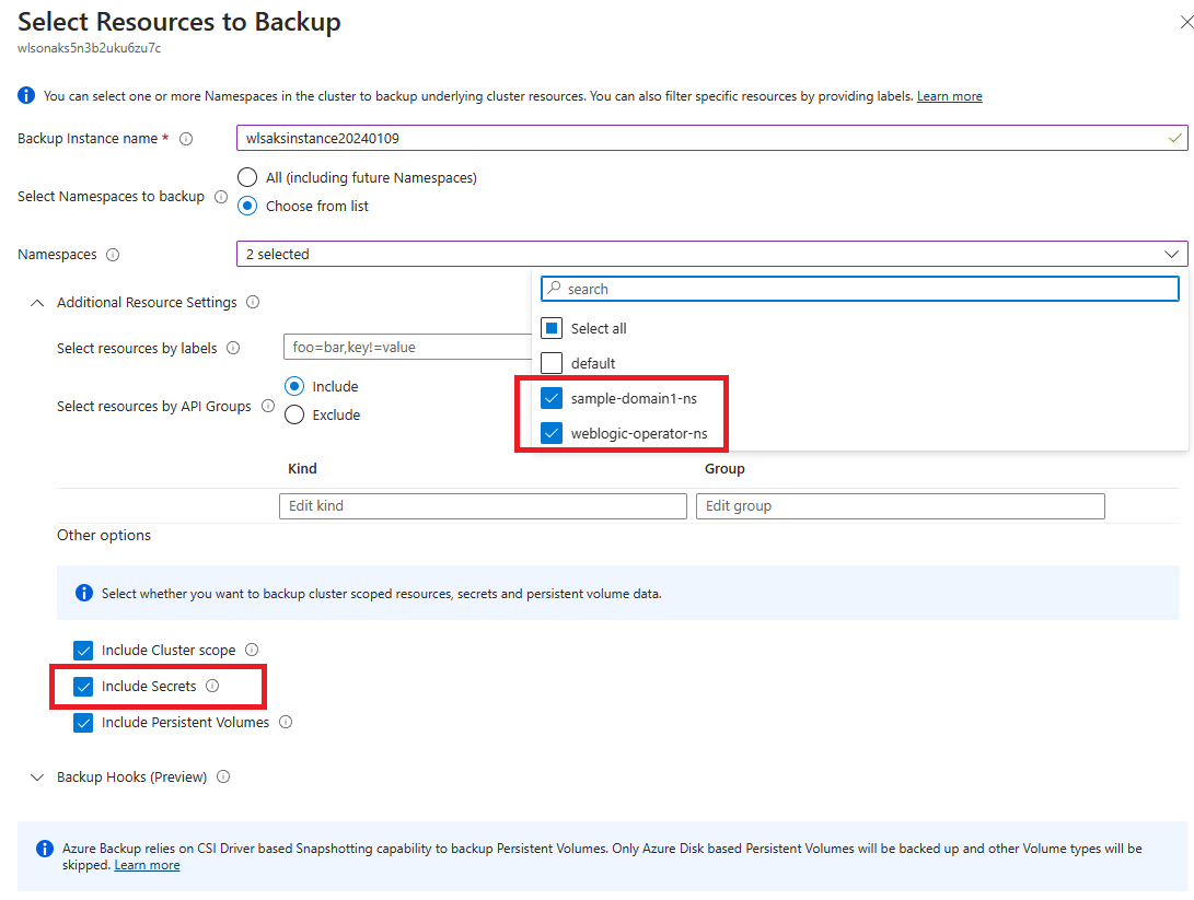 Screenshot of the Azure portal that shows the AKS Configure Backup Select Resources.