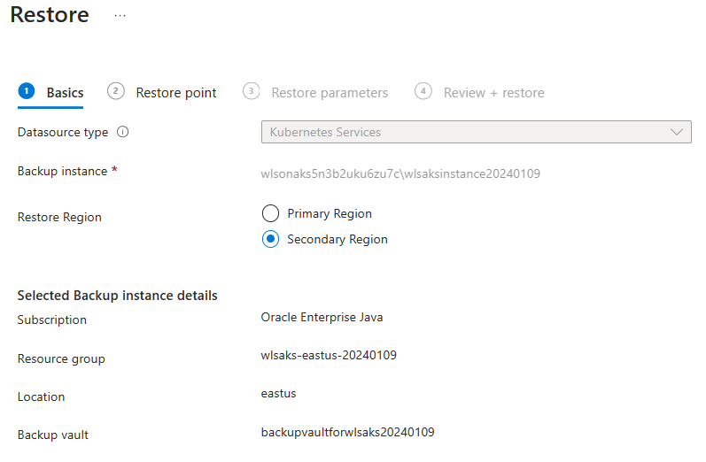 Screenshot of the Azure portal that shows the Restore Basics pane.