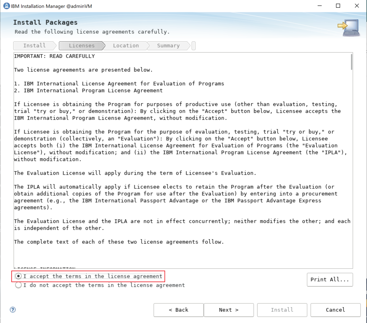 Screenshot of the IBM Installation Manager license agreement.
