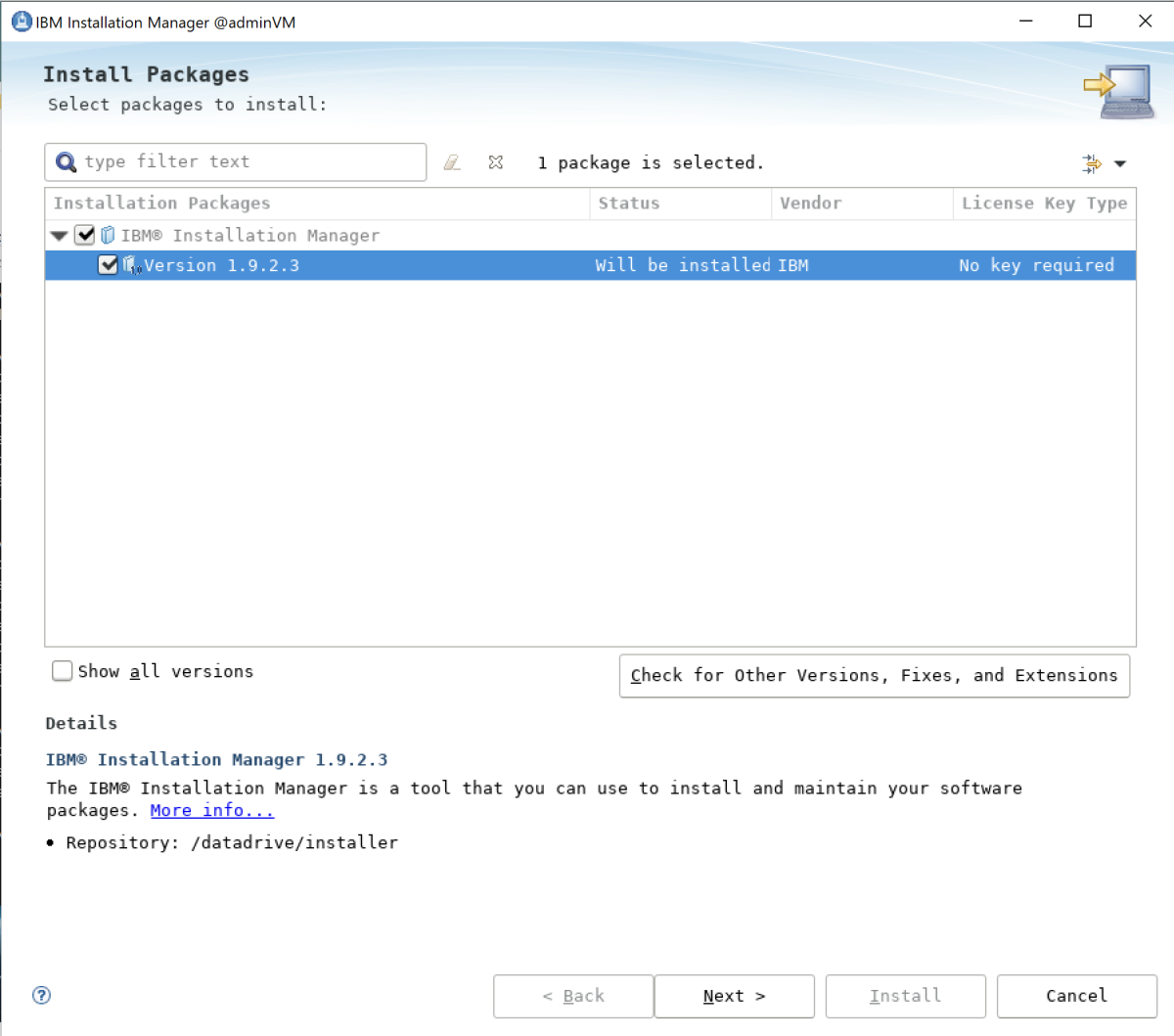 Screenshot of IBM Installation Manager setup.