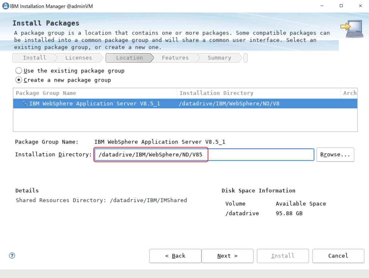 Screenshot of the Installation Directory box for IBM WebSphere Application Server.