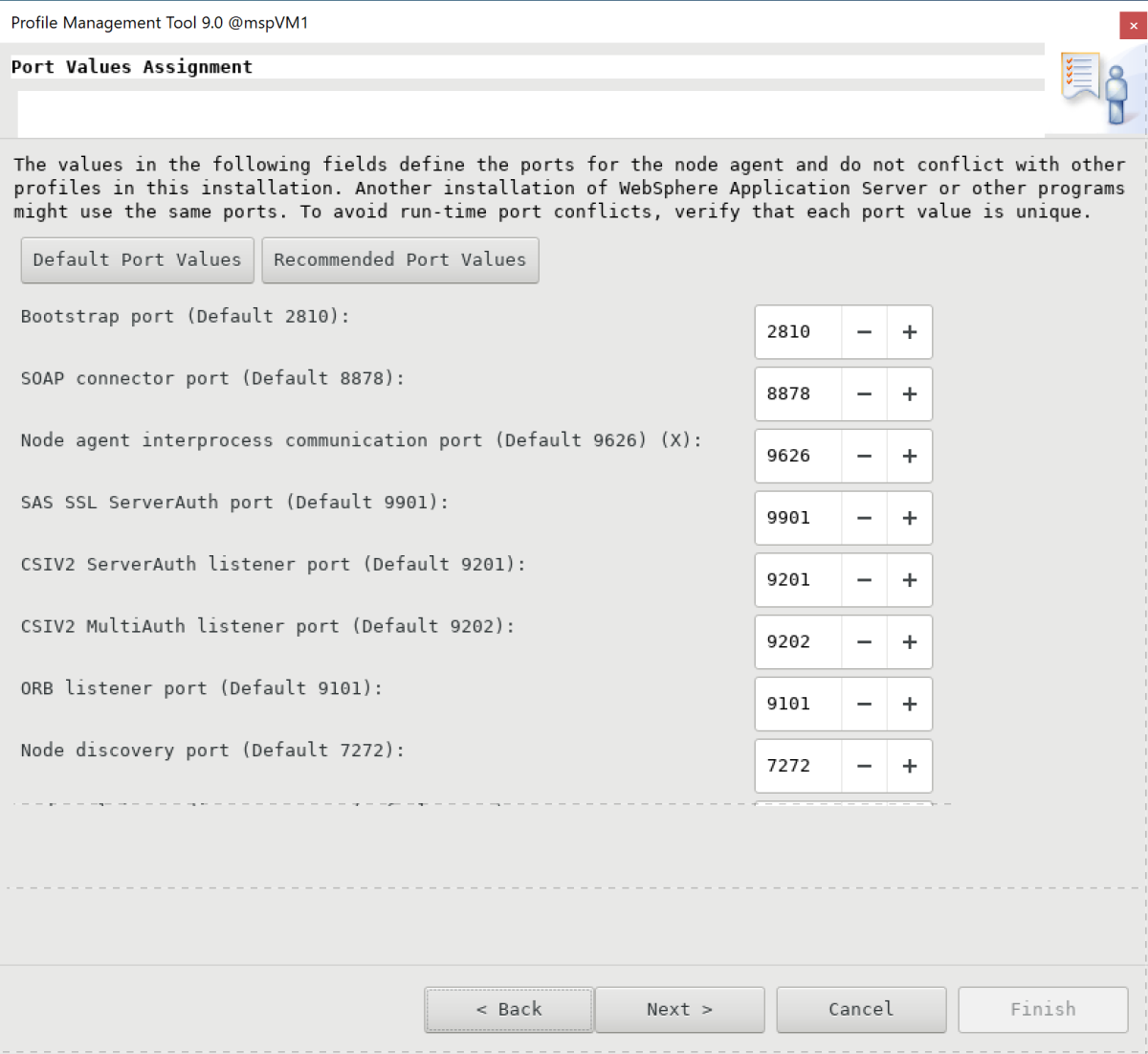 Screenshot of the Port Values Assignment pane in the IBM Profile Management Tool.