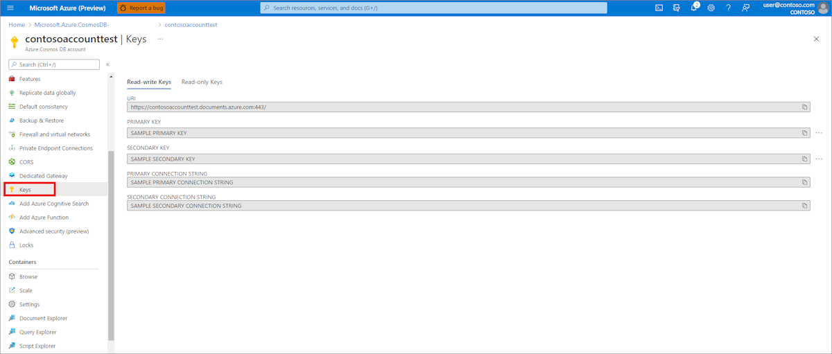 Screenshot of the Azure portal that shows the Azure Cosmos DB account with the Keys page showing.