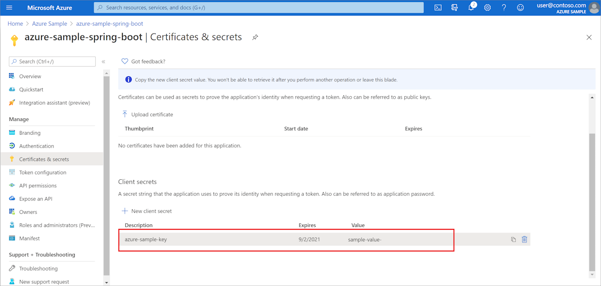Screenshot of application with new client secret highlighted.