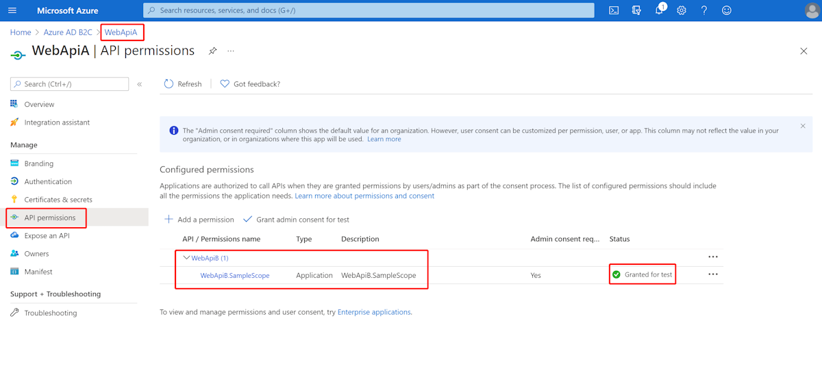 Azure portal screenshot showing application WebApiA API permissions screen.