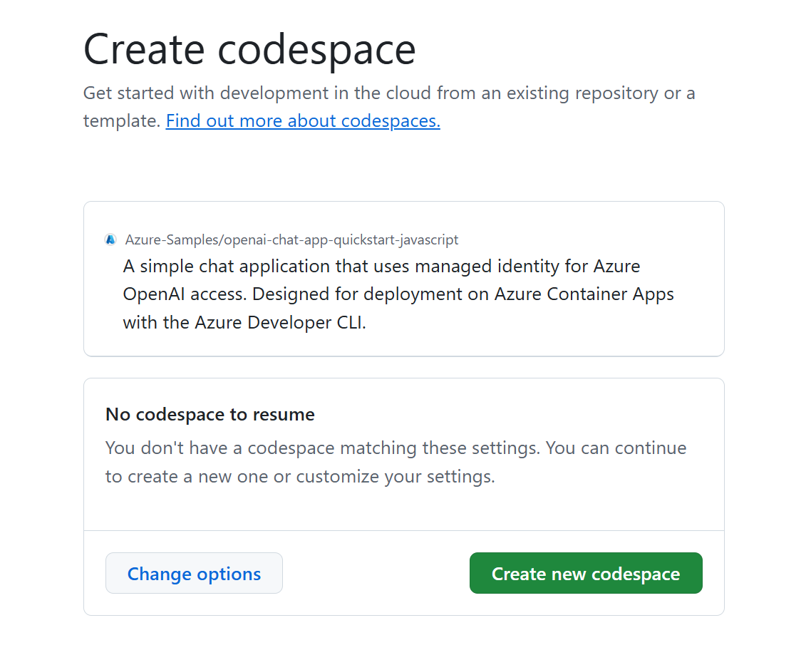 Screenshot of the confirmation screen before creating a new codespace.
