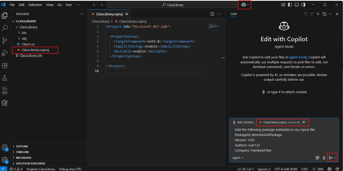 A screenshot displaying how to add package metada using GitHub Copilot in Visual Studio Code.