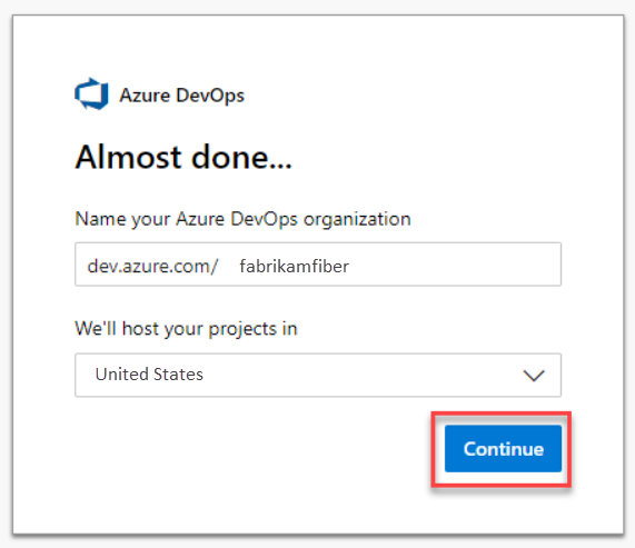 Screenshot shows Creating an organization in Azure DevOps, highlighted Continue button.