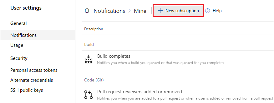 Screenshot that shows how to select the New subscription option in earlier versions of Azure DevOps.