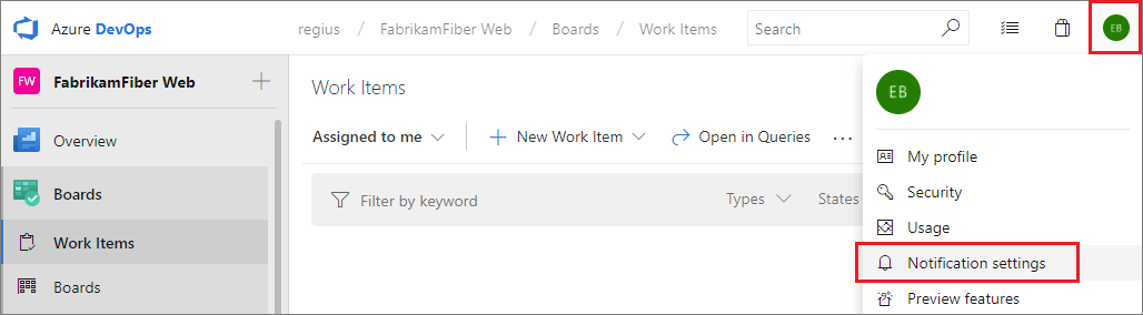 Screenshot that shows how to select the User settings, Notifications option in earlier versions of Azure DevOps.