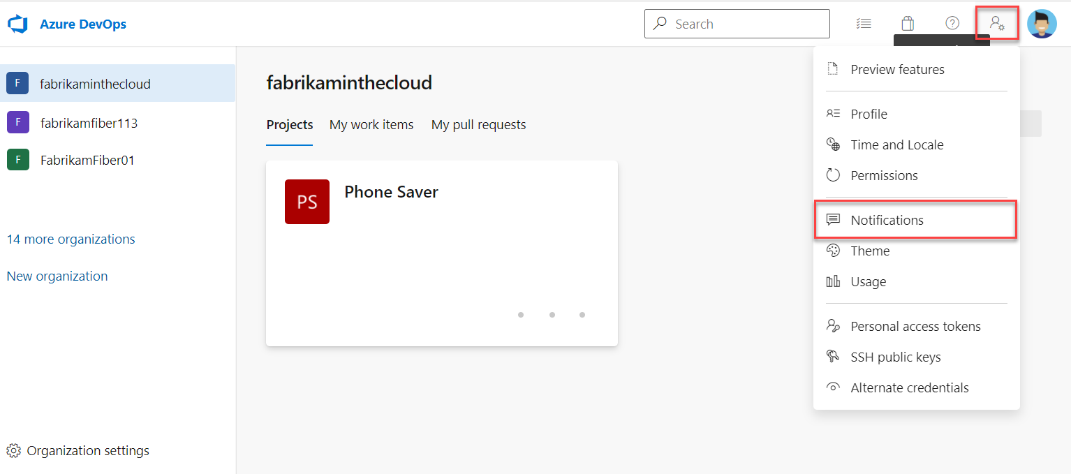 Screenshot that shows how to select the User settings, Notifications option in Azure DevOps.