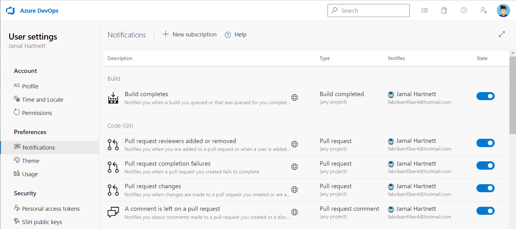 Screenshot showing personal notification subscriptions in Azure DevOps.