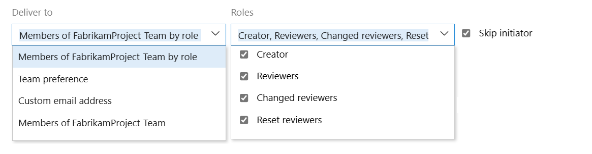 Screenshot that shows how to select team members and roles for notifications in earlier versions of Azure DevOps.