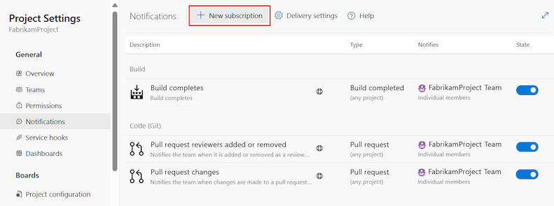 Screenshot that shows how to select the New subscription option in Azure DevOps.
