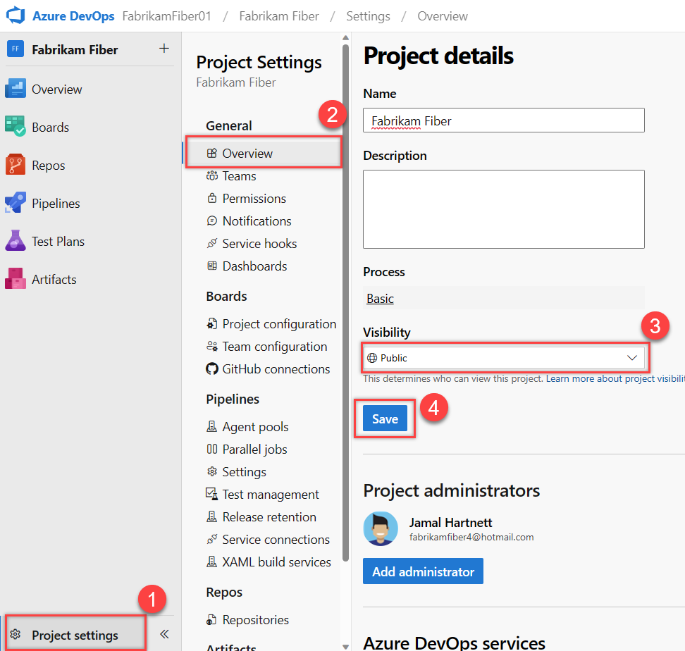 Screenshot showing Project Settings, Overview, Visibility options.