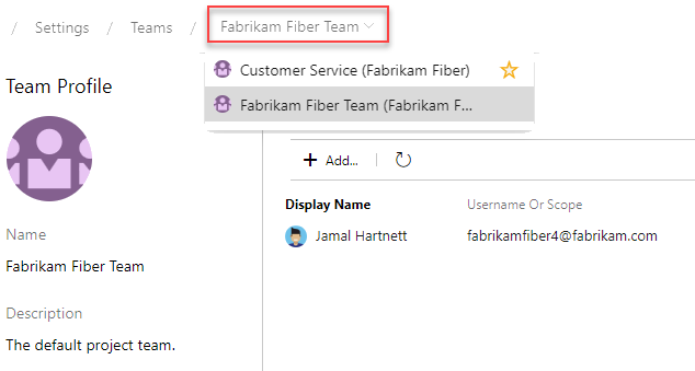 Screenshot shows Team Configuration, Team breadcrumb, version 2019.