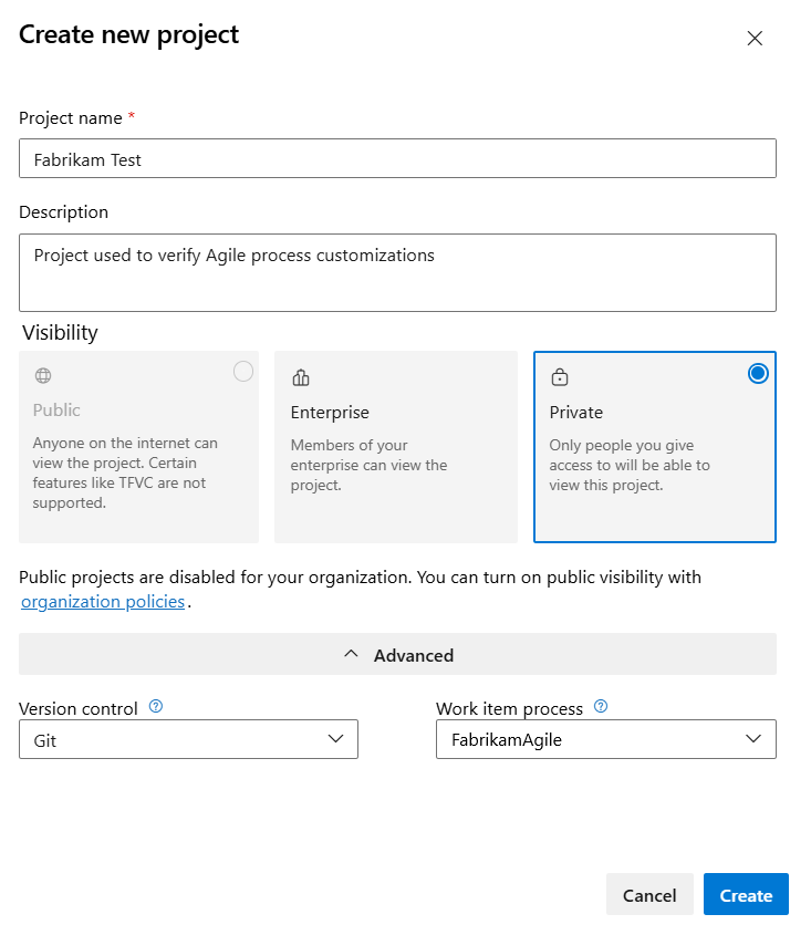 Screenshot of the Create new project dialog.