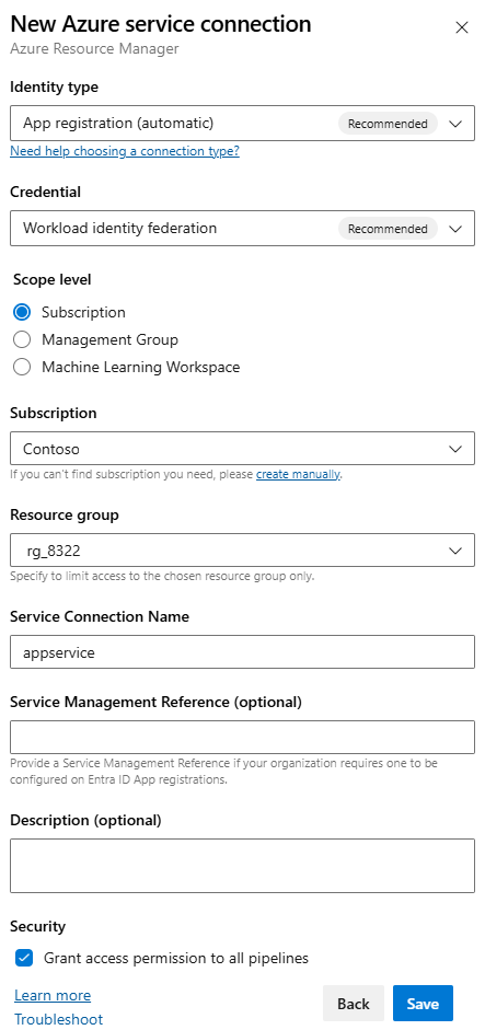 Screenshot of New Azure service connection dialog box.
