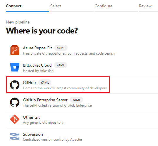 Screenshot of selecting GitHub as the location of your code.