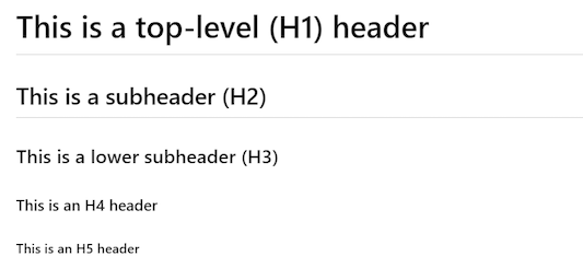 Screenshot of the published view of Markdown syntax for five levels of headers.