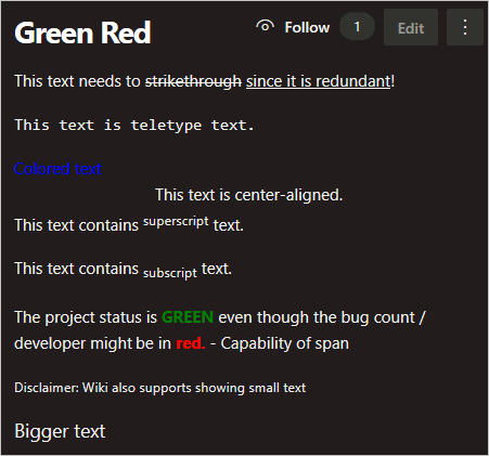 Screenshot of a published wiki page that uses HTML rich text formatting, as shown in Dark theme view.