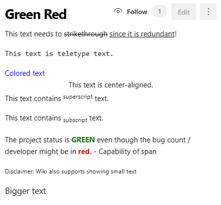 Screenshot of a published wiki page that uses HTML rich text formatting, as shown in Light theme view.