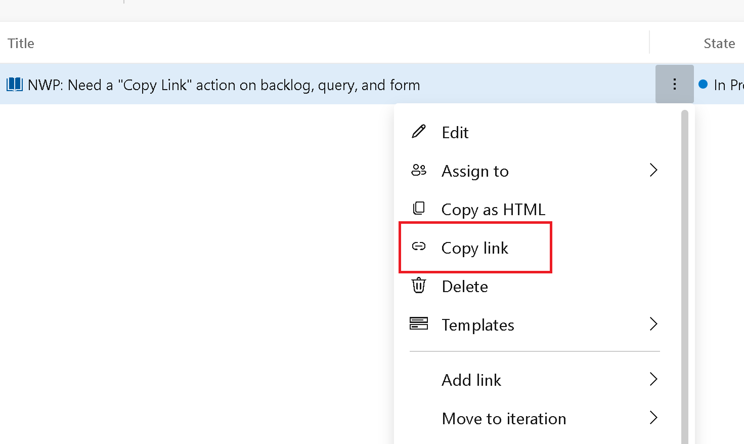 image to show copy link context menu on backlog Image for copy link context menu item on backlog