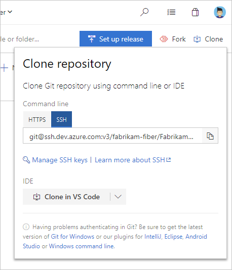 Screenshot showing Azure Repos SSH cloned URL.